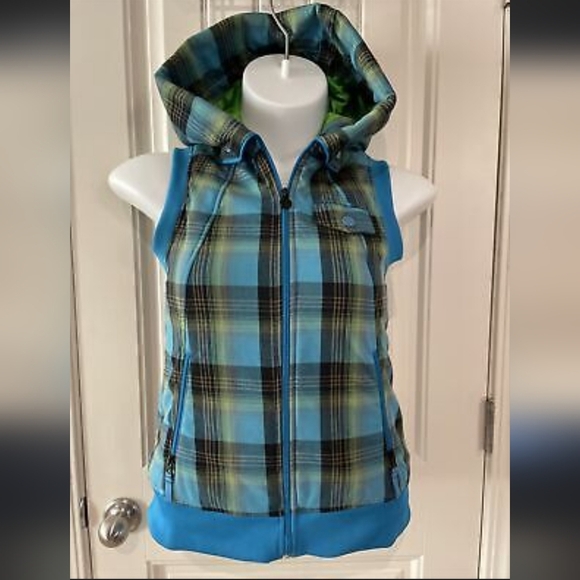Burton Dryride XL Blue Plaid Sleeveless Vest Hooded Winter - Picture 1 of 7